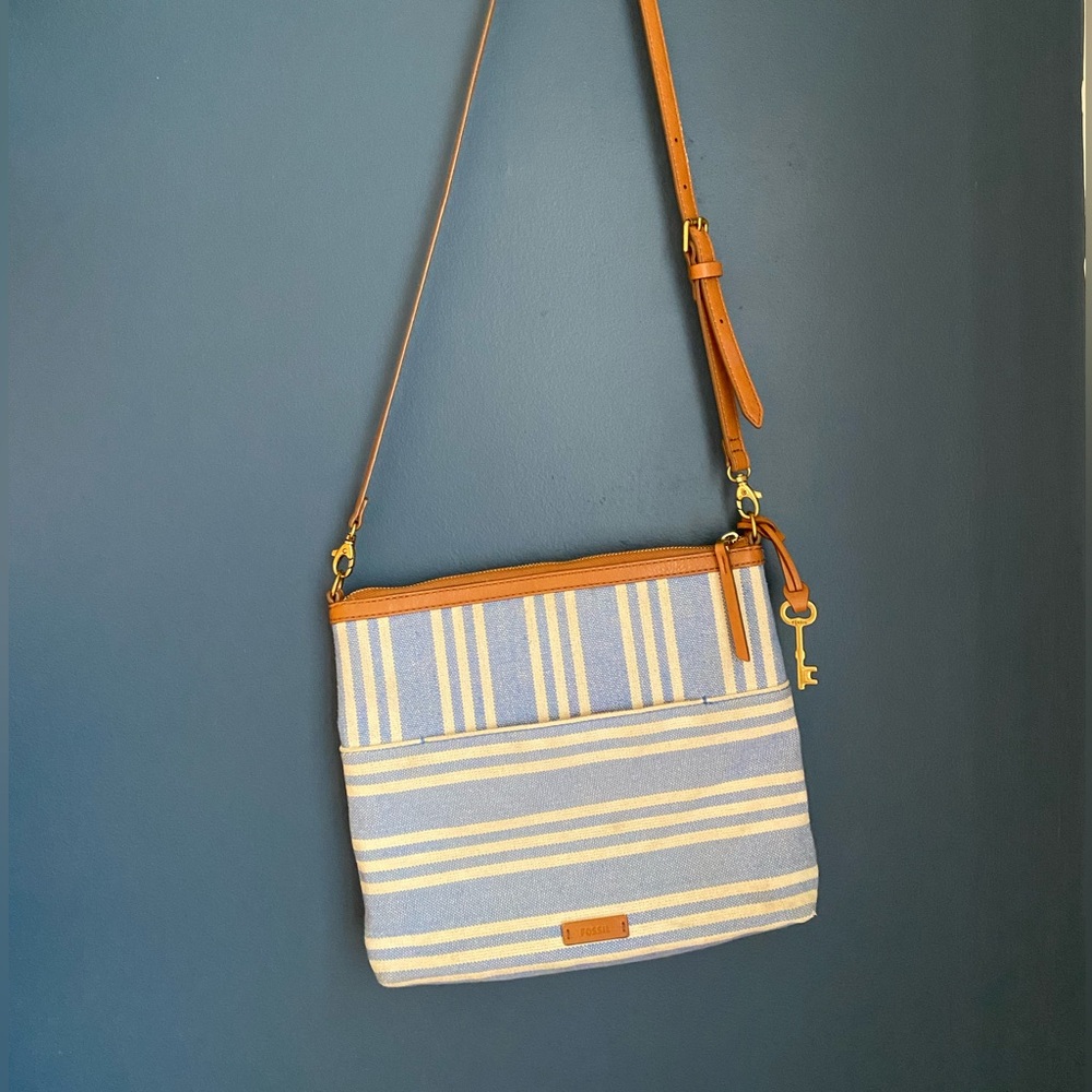 Fossil Crossbody Bag Blue and Tan Striped Design